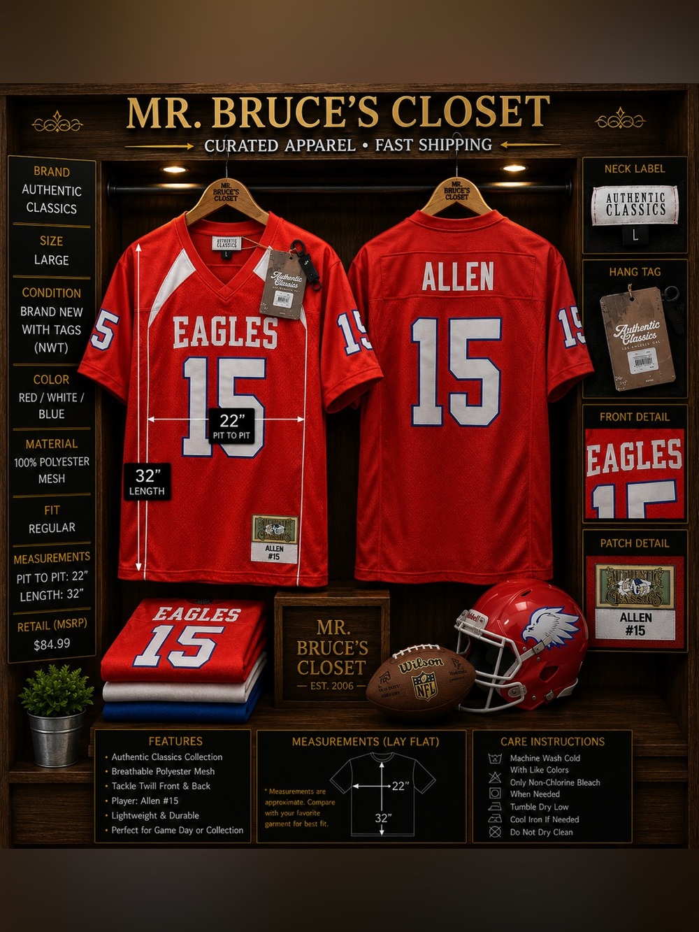 Josh Allen Eagles #15 Red High School Football Jersey - Large